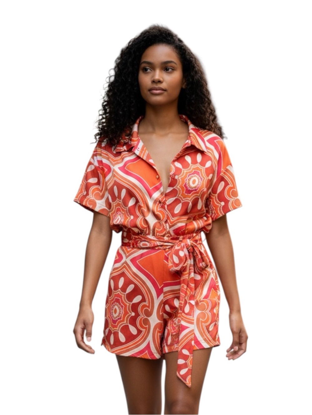 Ciebon Orange & Pink Printed Tie-Waist Retro 60’s Romper Size M